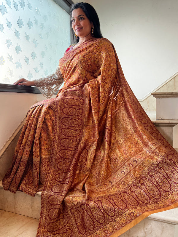 Regal Splendor: Gold Silk Kani Saree with Paisley Motifs