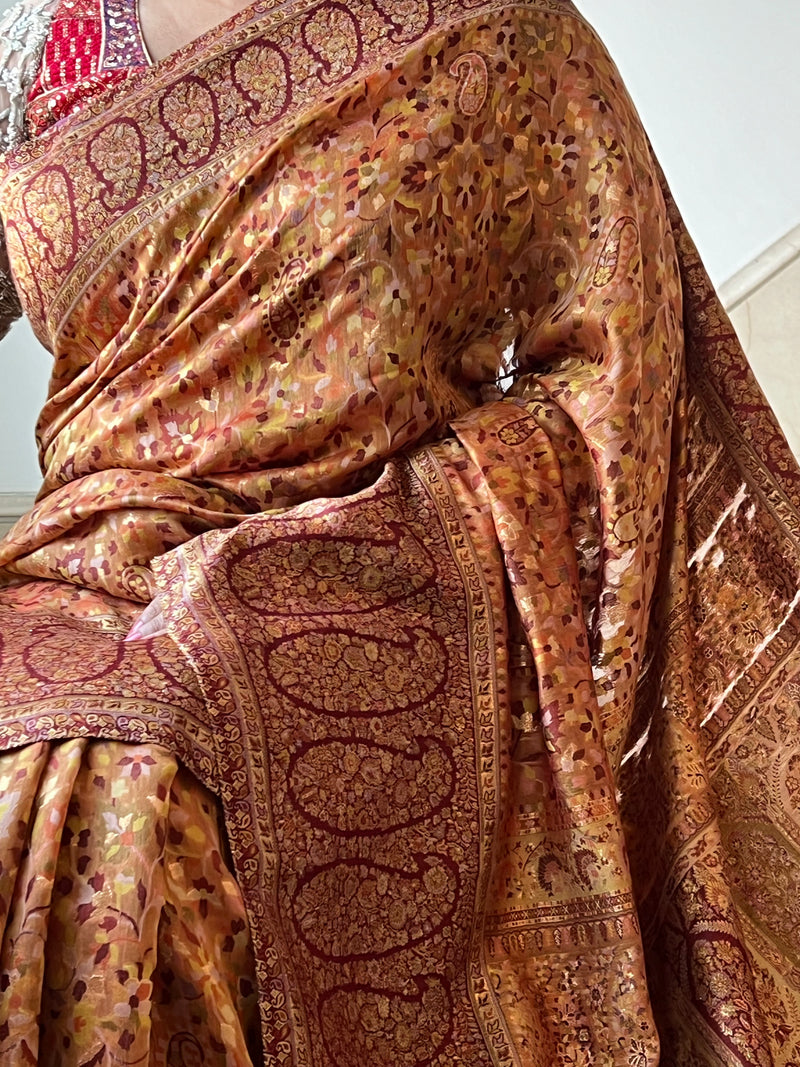Regal Splendor: Gold Silk Kani Saree with Paisley Motifs