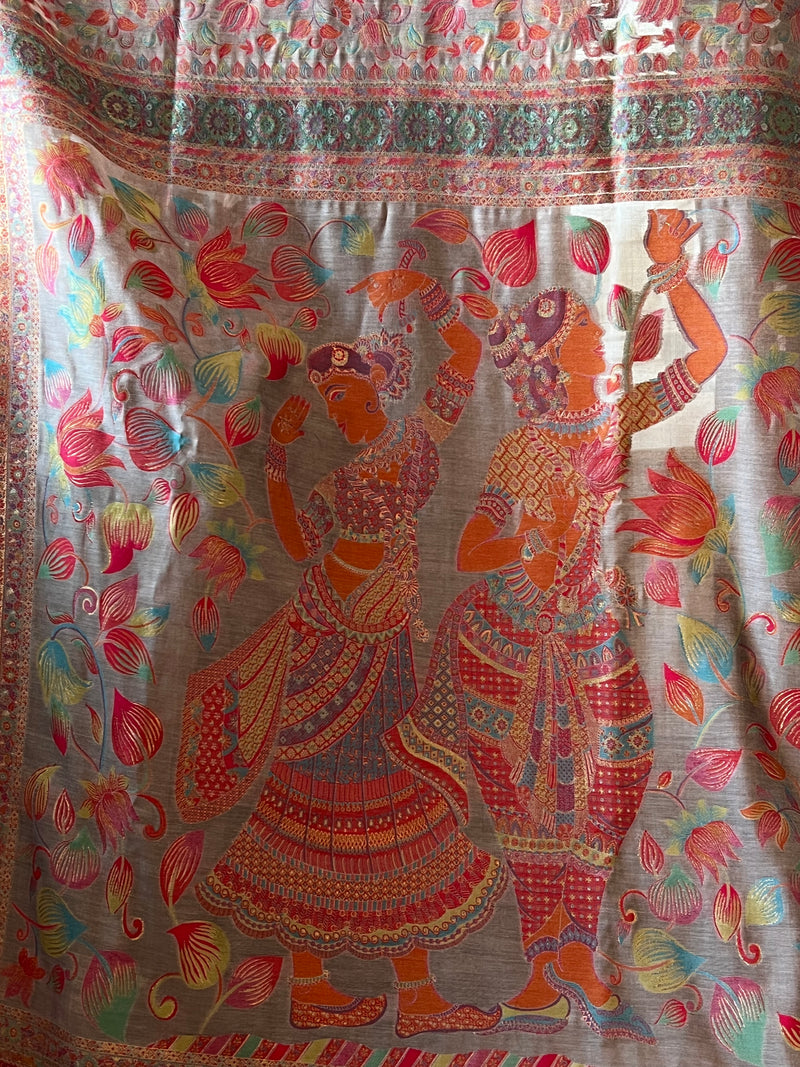 Divine Radiance: Grand Silk Kani Saree with Radha, Gopis, and Lotus Motifs