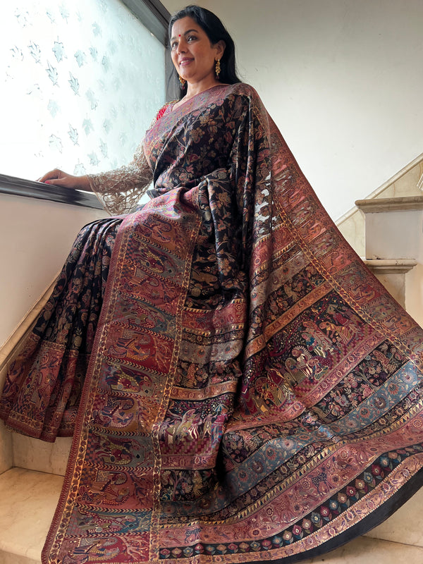 Mystical Fusion: Black Silk Kani Saree with Divine Tapestry