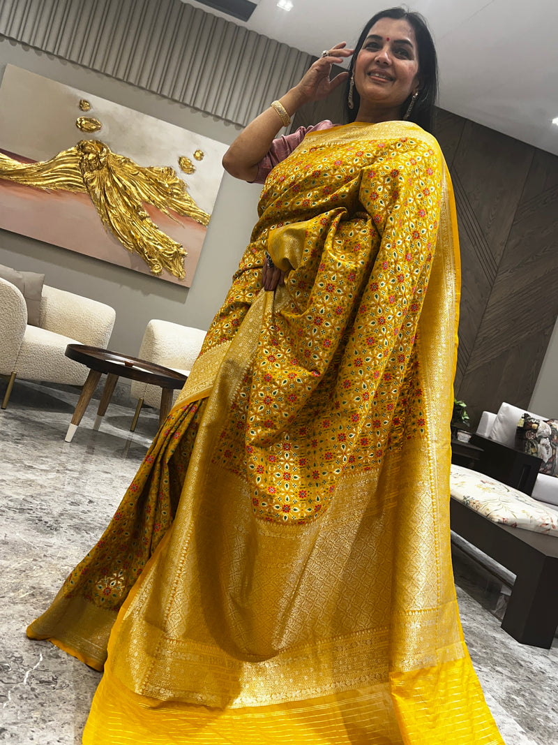 Turmeric Yellow Ektara Katan Silk Banarasi Patola Saree – A Celebration of Weaving Traditions