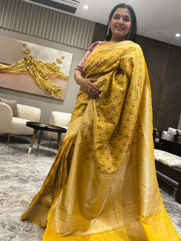 Turmeric Yellow Ektara Katan Silk Banarasi Patola Saree – A Celebration of Weaving Traditions