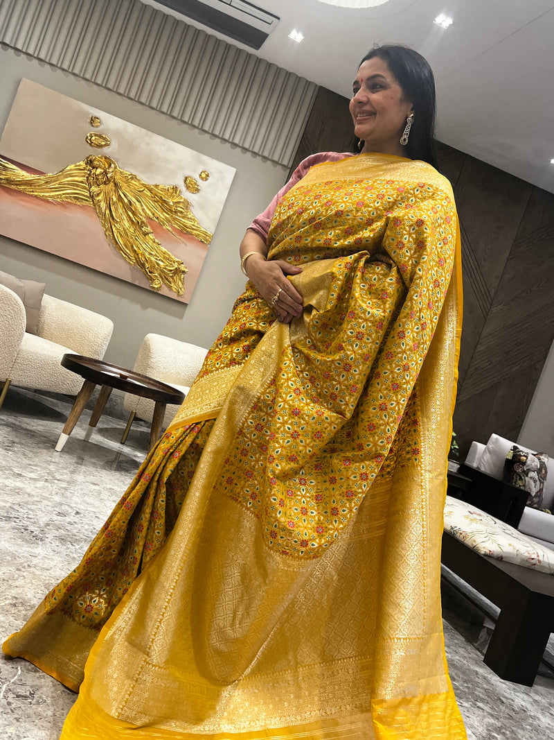 Turmeric Yellow Ektara Katan Silk Banarasi Patola Saree – A Celebration of Weaving Traditions