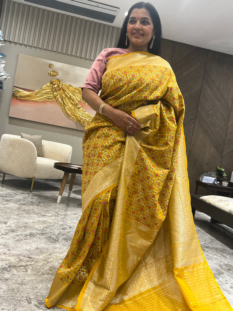 Turmeric Yellow Ektara Katan Silk Banarasi Patola Saree – A Celebration of Weaving Traditions