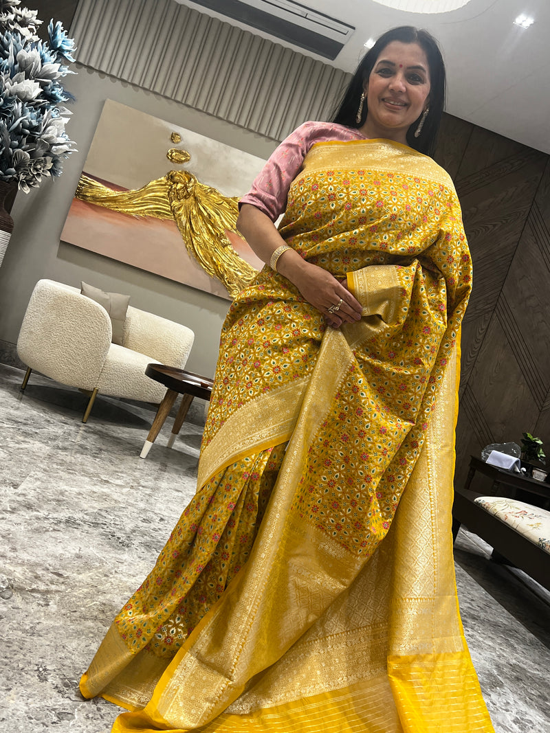 Turmeric Yellow Ektara Katan Silk Banarasi Patola Saree – A Celebration of Weaving Traditions