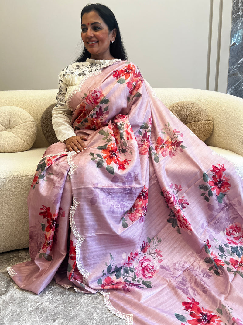 Timeless Beauty: Lavender Banarasi Digital Print Saree