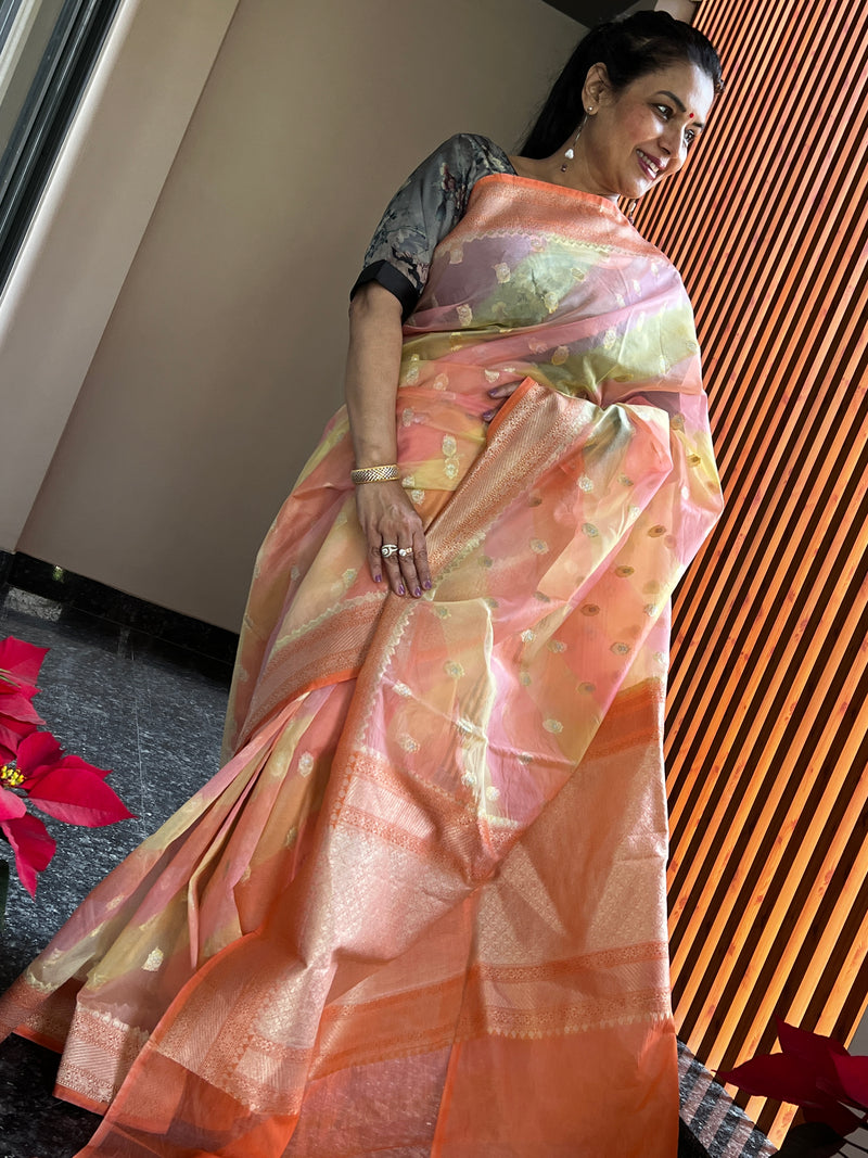 Kora Silk Ombré Saree with Zari Border and Butis