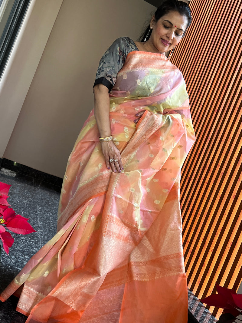 Kora Silk Ombré Saree with Zari Border and Butis