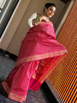 Raspberry Pink Premium Cotton Cutwork Jamdani Saree – A Timeless Weave of Craftsmanship