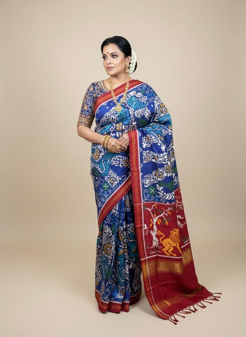 A Contemporary Blue Color Double Ikat Patan Patola Saree