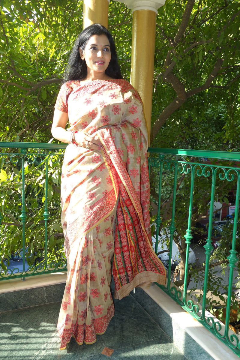 Mesmerizing Hand Block Printed Assam silk saree in Lipstick Red Color