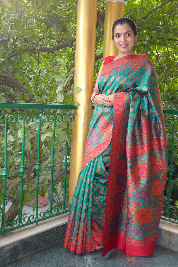 Green Dupioni silk Kani saree - Kashmir Collection - sohum sutras