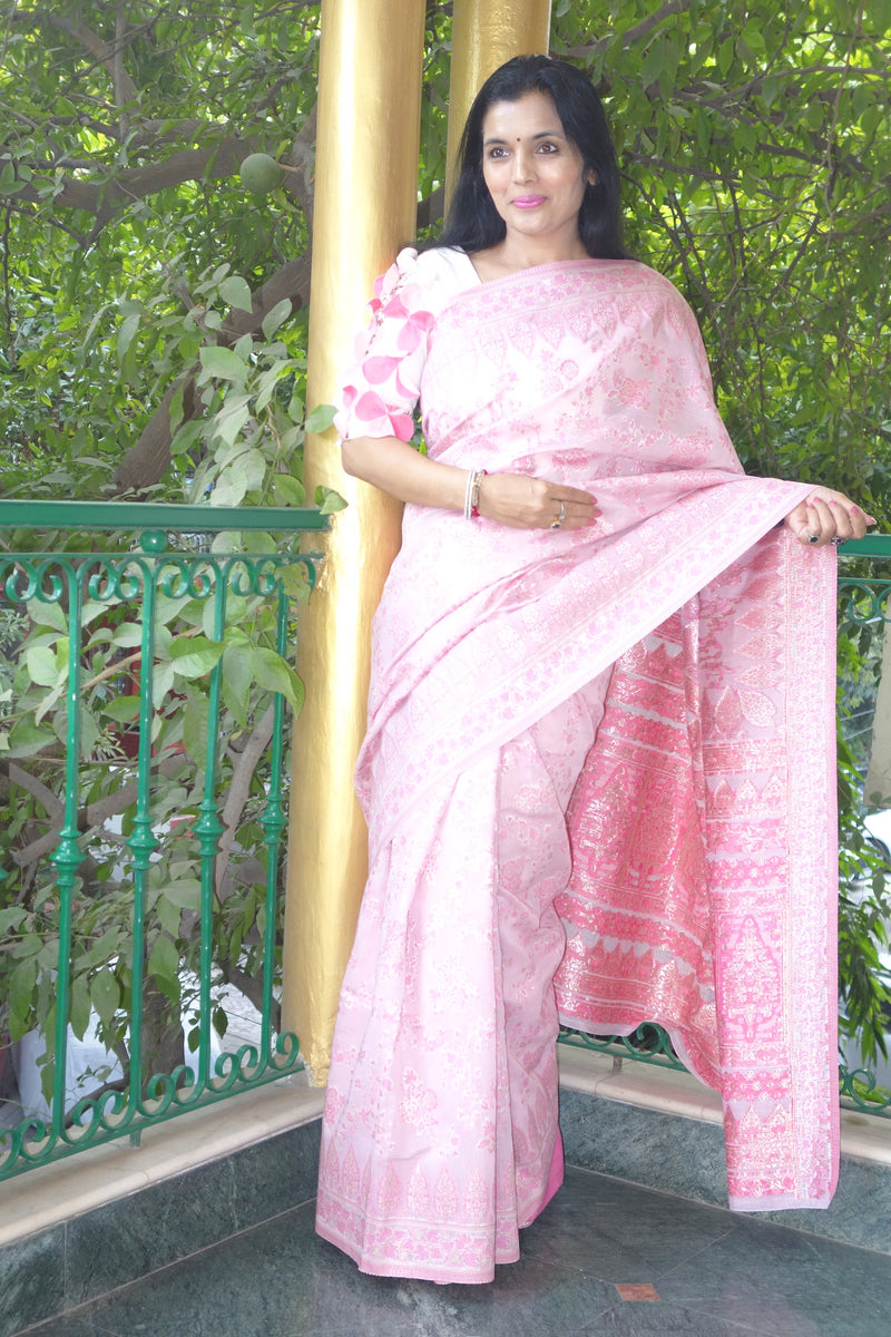 Pink Cotton Kani saree - Kashmir Collection - sohum sutras