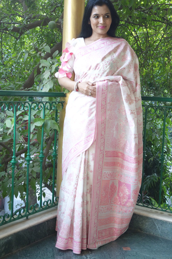 White and Pink Cotton Kani saree - Kashmir Collection - sohum sutras
