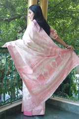 White and Pink Cotton Kani saree - Kashmir Collection - sohum sutras