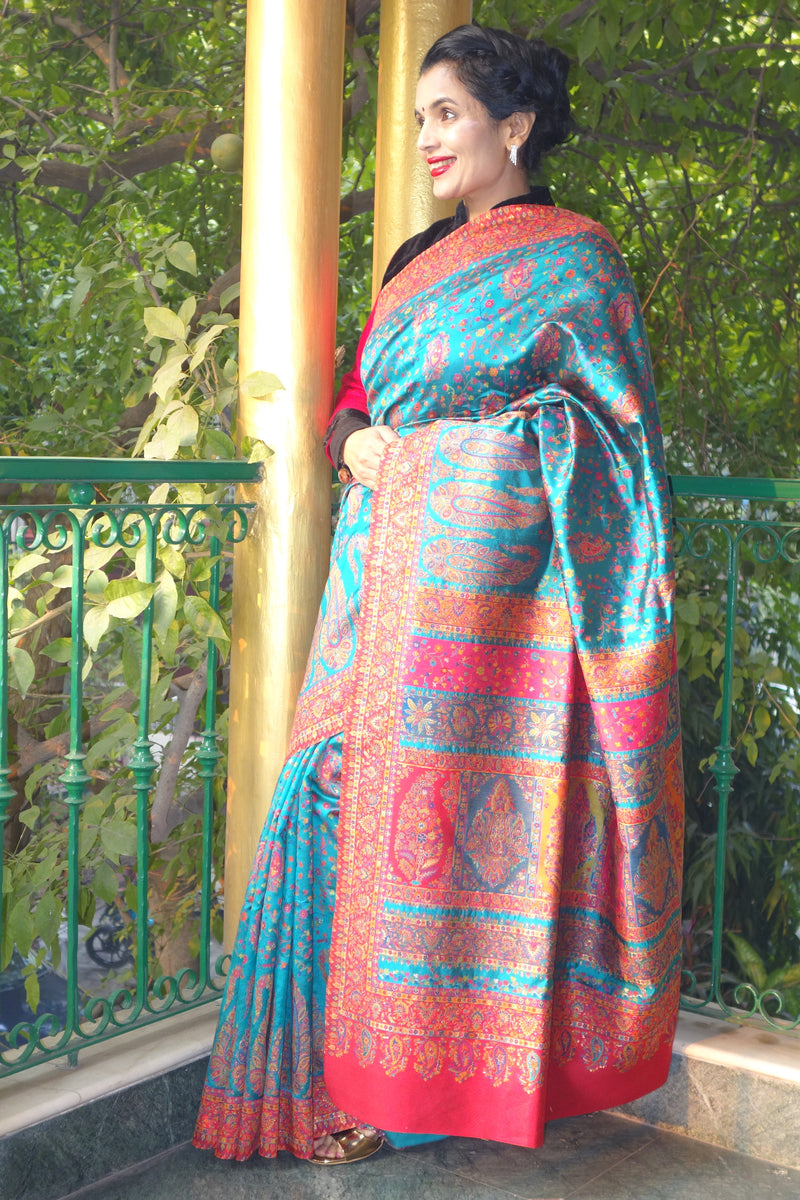 Teal Pashmina Silk Kani saree - Kashmir Collection - sohum sutras
