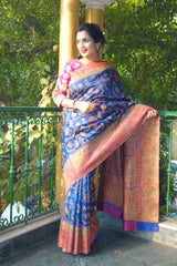 Royal Blue Pashmina Silk Kani saree - Kashmir Collection - sohum sutras
