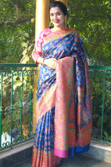 Royal Blue Pashmina Silk Kani saree - Kashmir Collection - sohum sutras