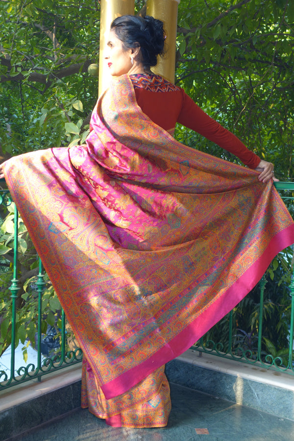 Fuschia Pashmina silk Kani saree - Kashmir Collection - sohumsutras