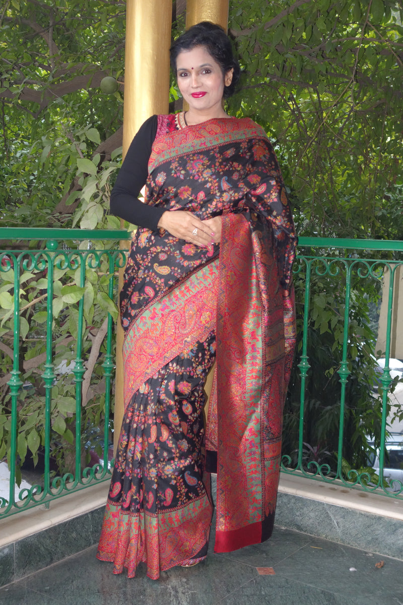 Black Pashmina Silk Kani Saree - Kashmir Collection - sohum sutras