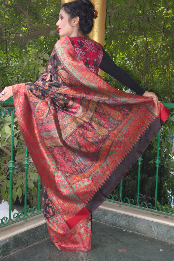 Black Pashmina Silk Kani Saree - Kashmir Collection - sohum sutras