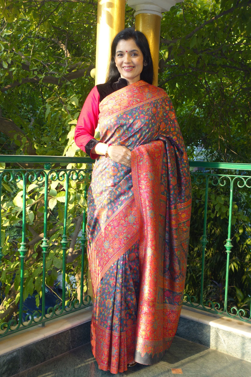 Silver Grey Gulabdar Kani saree - Kashmir Collection - sohum sutras