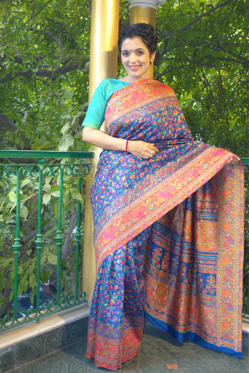 Blue and red kani saree with narrow border - Kashmir Collection - sohum sutras
