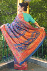 Blue and red kani saree with narrow border - Kashmir Collection - sohum sutras