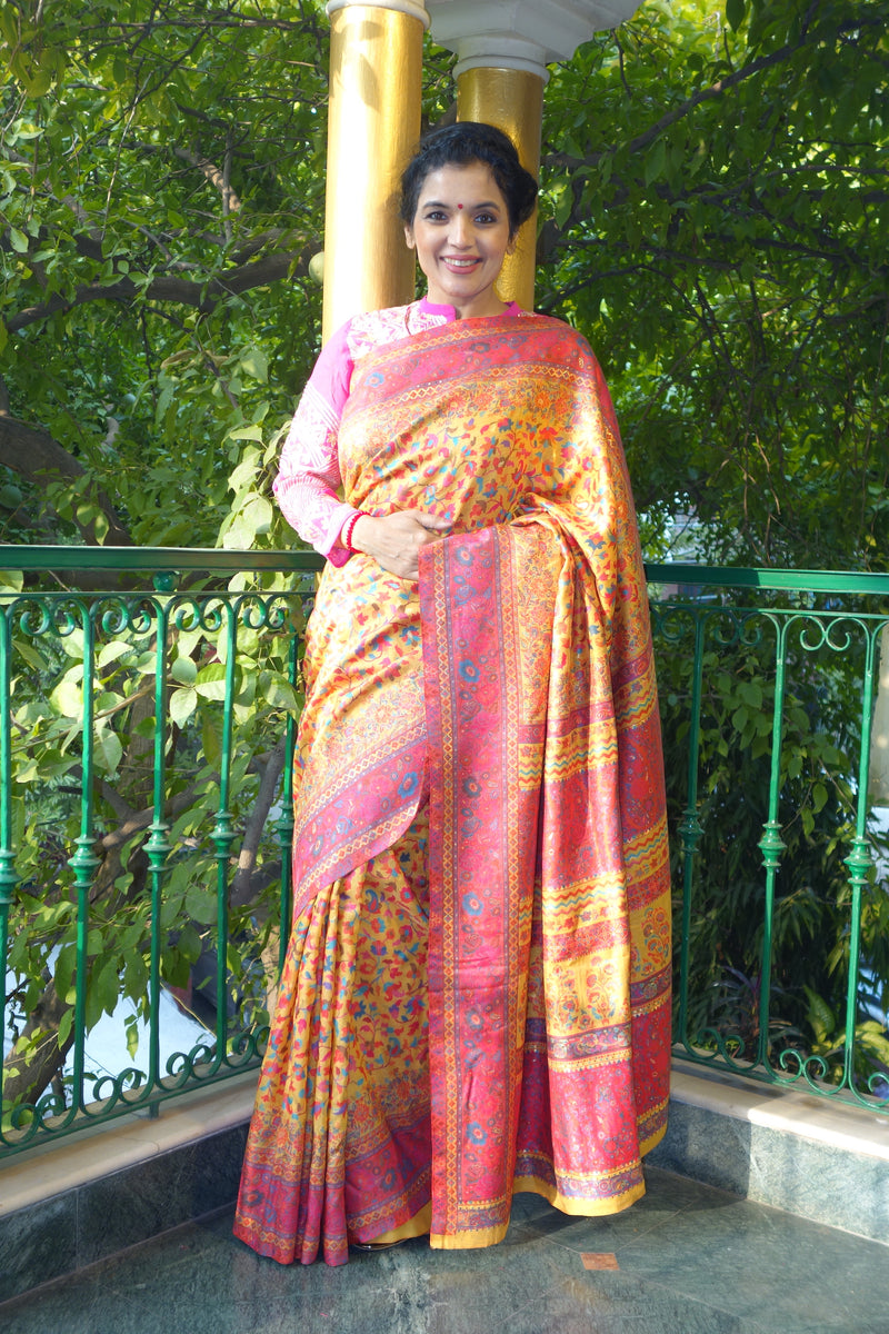 Yellow and pink Kani saree with a narrow border - Kashmir Collection - sohum sutras