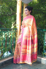 Yellow and pink Kani saree with a narrow border - Kashmir Collection - sohum sutras