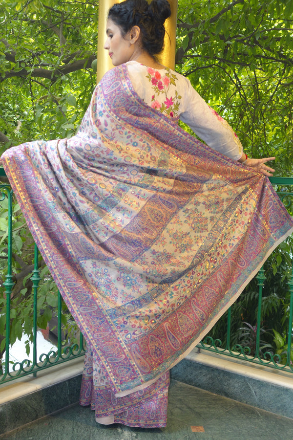 Lilac Kani saree with a narrow border - Kashmir Collection - sohum sutras