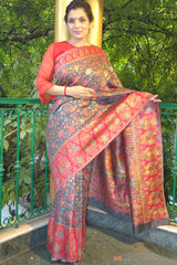 Charcoal grey floral Kani saree with a broad border - Kashmir Collection - sohum sutras