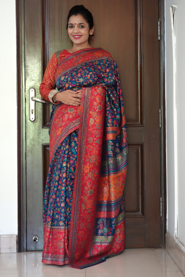 Ink Blue And Red Kani Saree - Kashmir Collection - sohum sutras