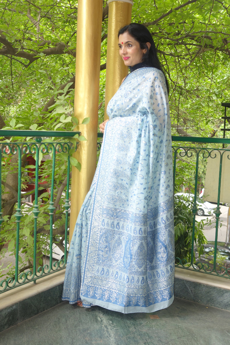 Silver blue Cotton Kani Saree - Kashmir Collection - sohum sutras