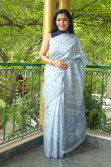 Silver blue Cotton Kani Saree - Kashmir Collection - sohum sutras