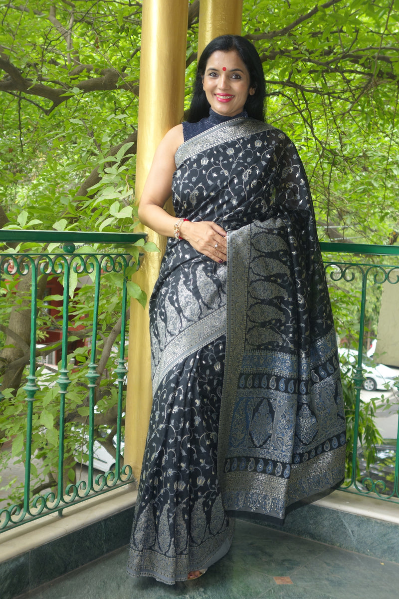 Black cotton Kani saree - Kashmir Collection - sohum sutras