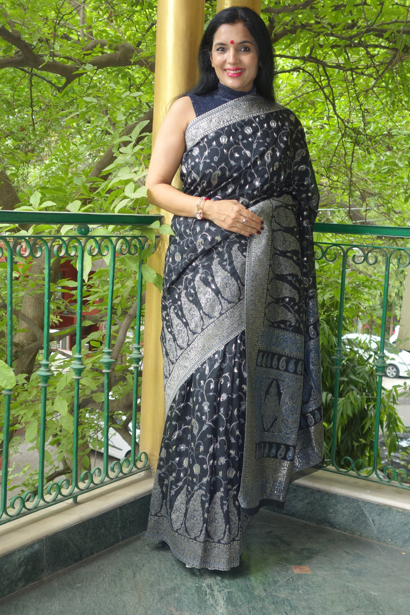 Black cotton Kani saree - Kashmir Collection - sohum sutras