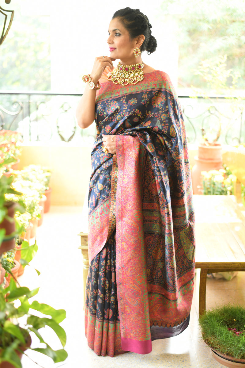 Midnight blue Dupioni silk Kani saree - Kashmir Collection - sohum sutras