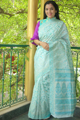 Baby Blue Cotton Kani Saree - Kashmir Collection - sohum sutras