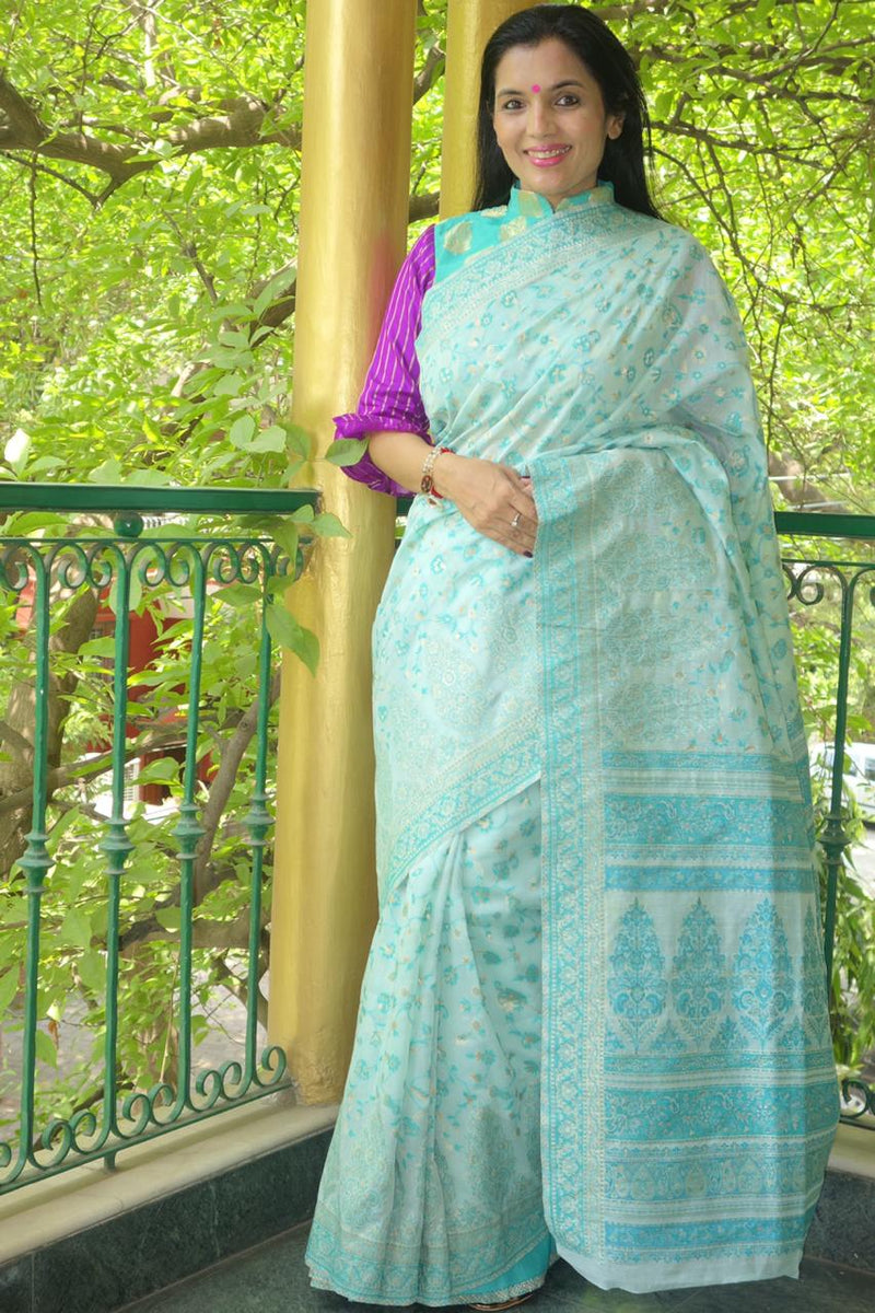 Baby Blue Cotton Kani Saree - Kashmir Collection - sohum sutras