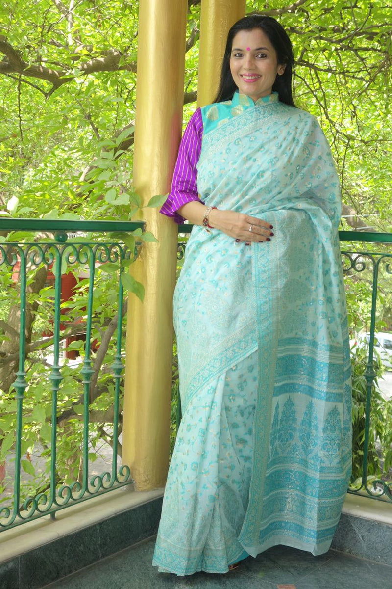 Baby Blue Cotton Kani Saree - Kashmir Collection - sohum sutras