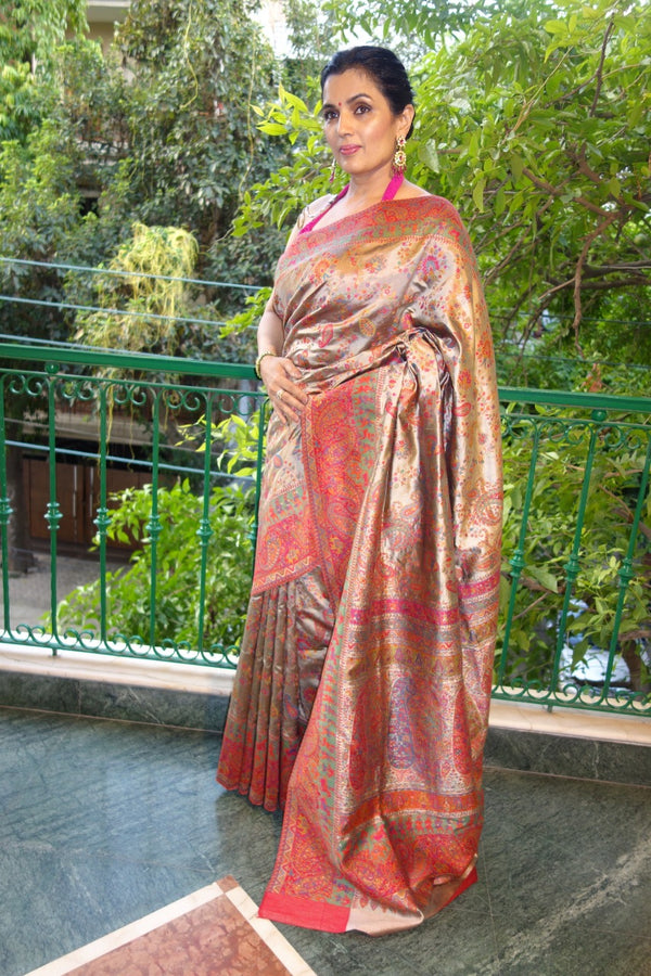 Silver Gold Pashmina Kani saree