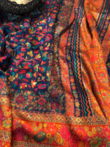 Blue and red kani saree with narrow border