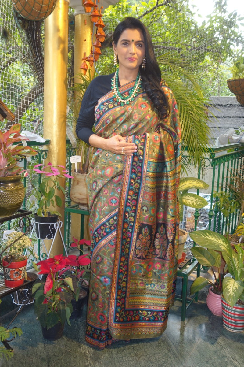Olive Green Pashmina Kani Silk Saree