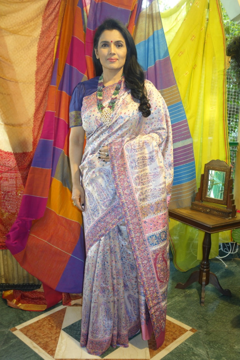 Silver mauve and lavender pashmina kani saree