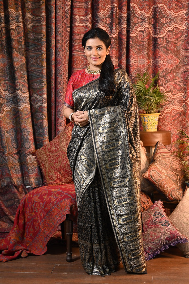 black raw silk kani saree