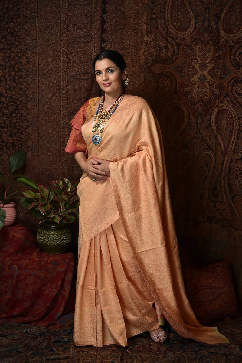 Peach and Gold Silk Kashmiri Saree