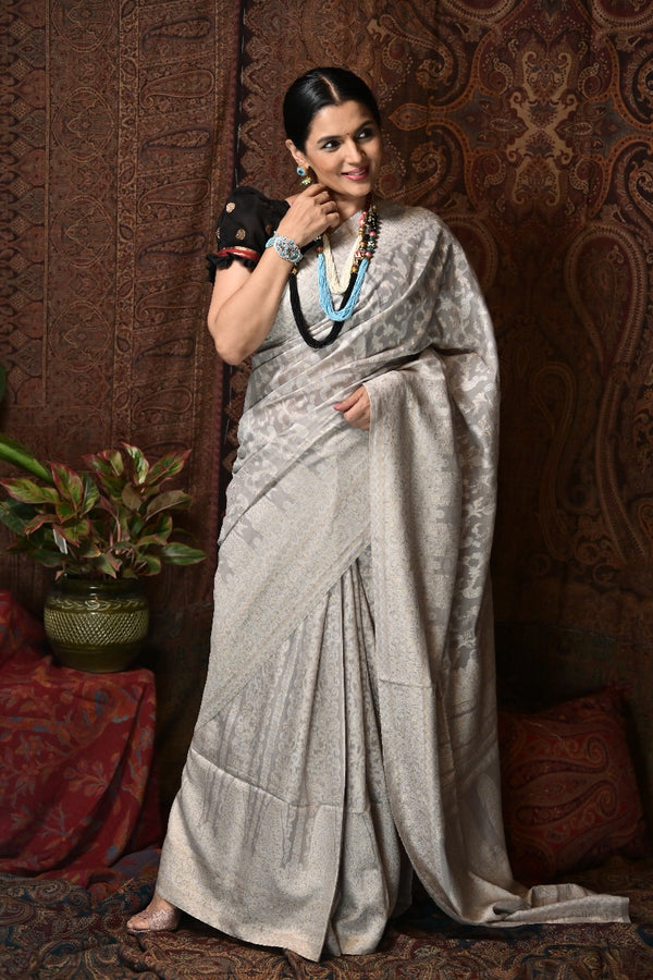 Silver Silk Kashmiri Kani saree