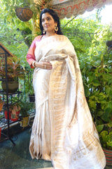 Raw silk kani saree -Cream & Gold