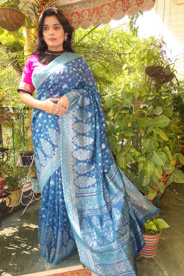 Raw silk kani saree - Rich blue
